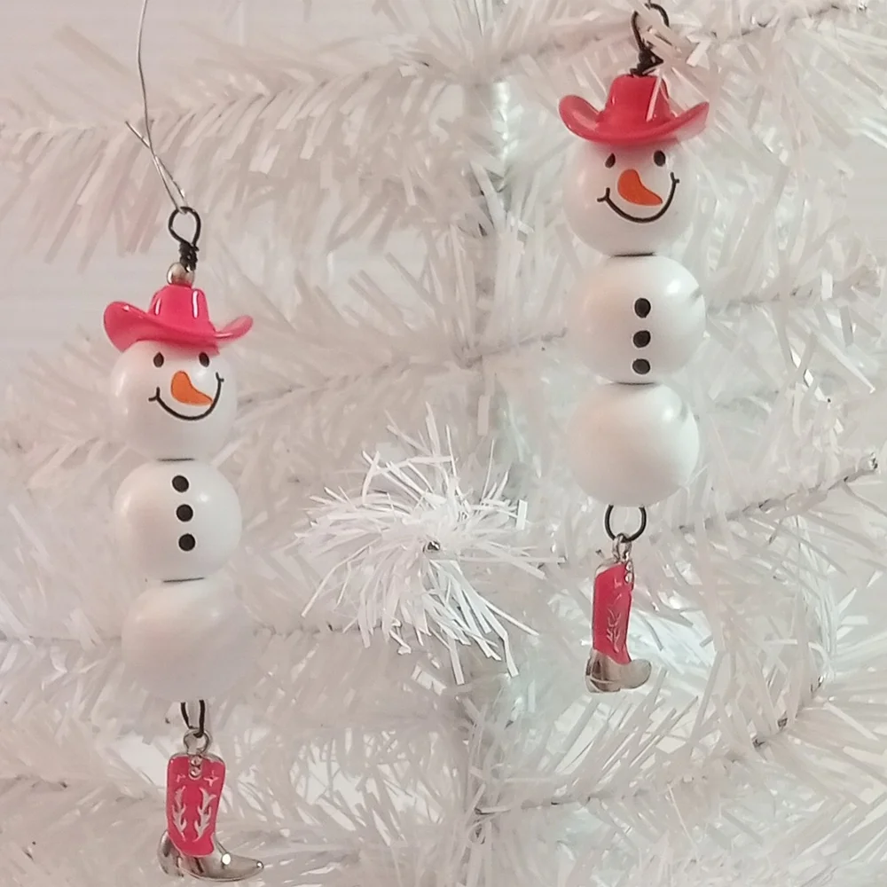 Pink Snowgirl Ornaments Beaded Lot of 2 Handmade NEW